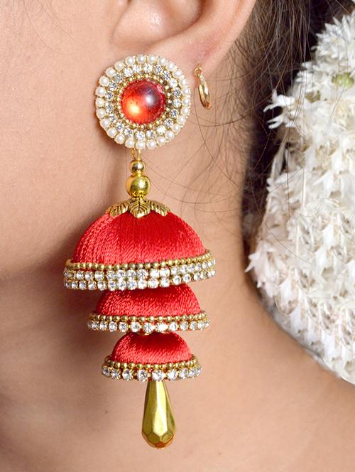 red cotton blend jhumka earring - 17557672 - Standard Image - 0