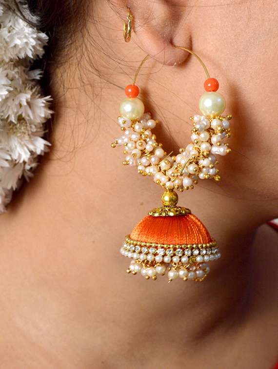 orange cotton blend jhumka earring - 17557674 -  Zoom Image - 0