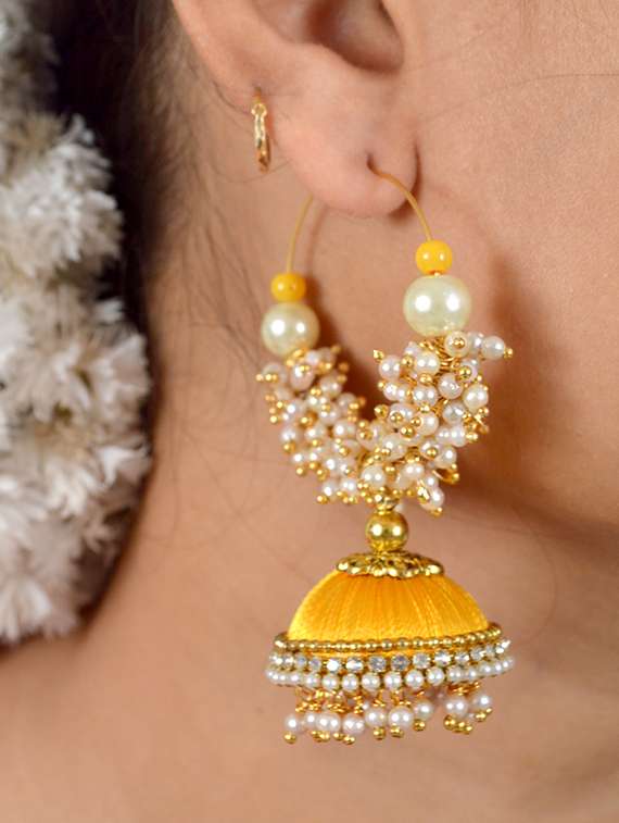 yellow cotton blend jhumka earring - 17557679 - Zoom Image - 0