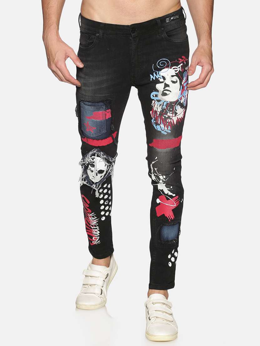 black printed washed denim jeans