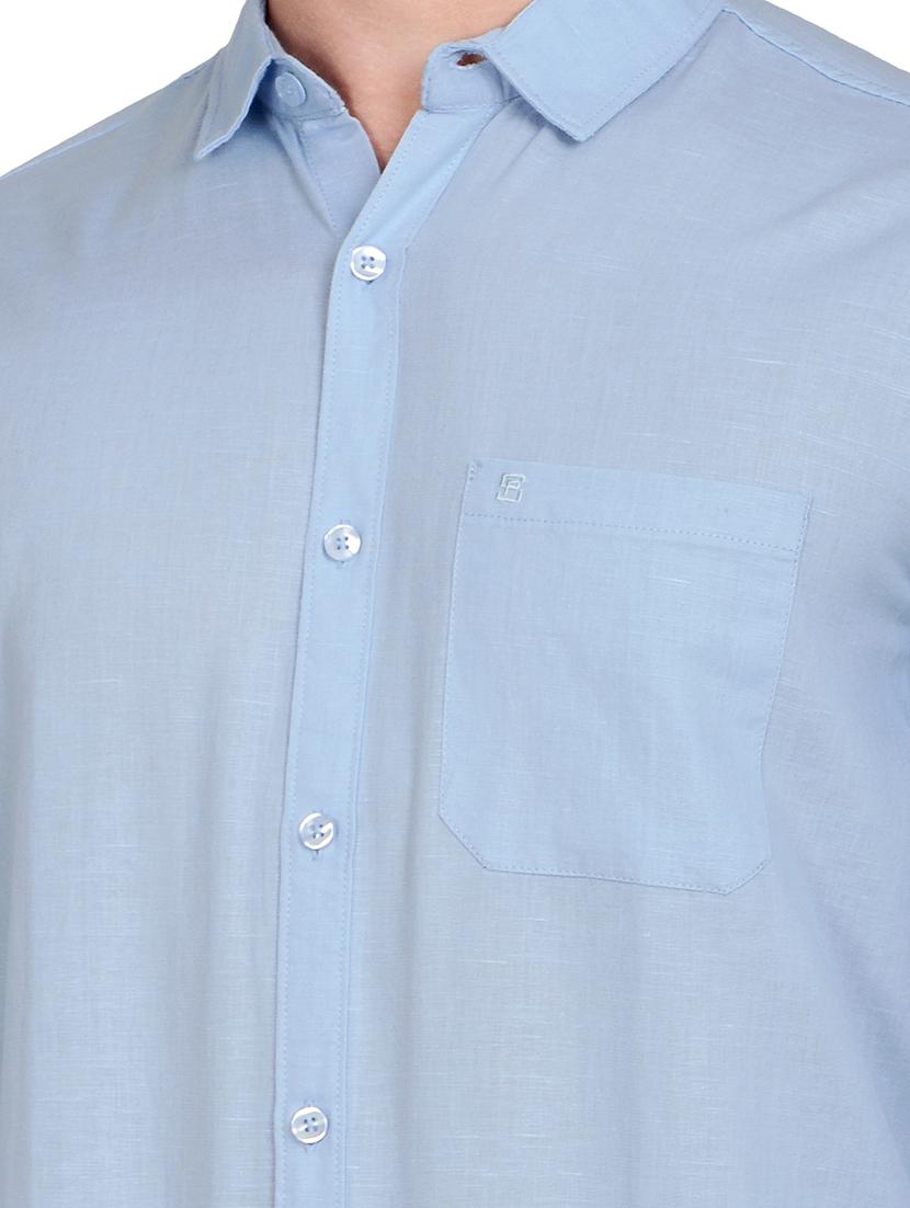blue solid linen casual shirt - 17559960 - Standard Image - 3
