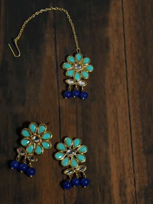 blue metal earring with maang tikka set - 17562796 -  Standard Image - 0