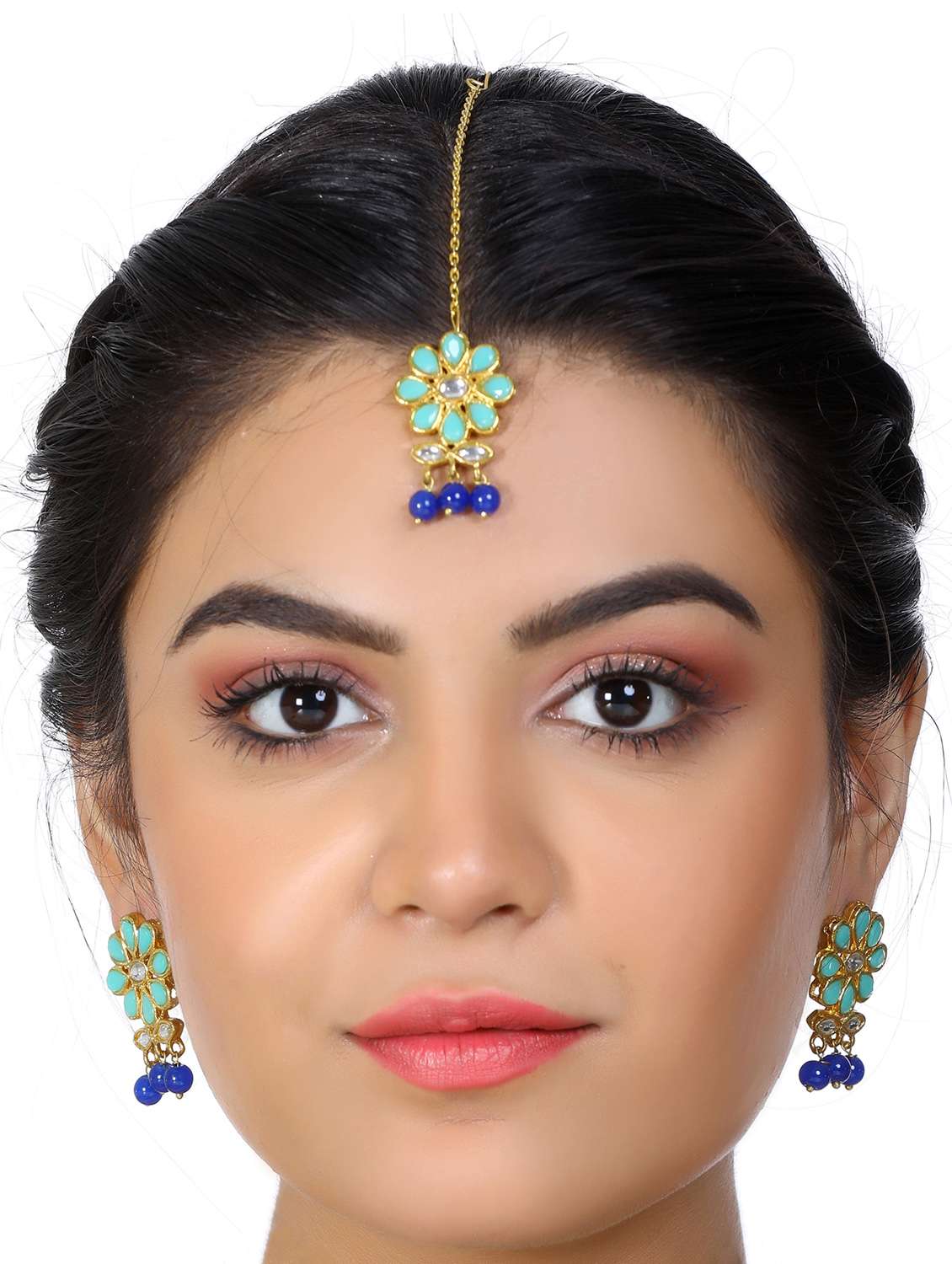 blue metal earring with maang tikka set - 17562796 -  Standard Image - 5