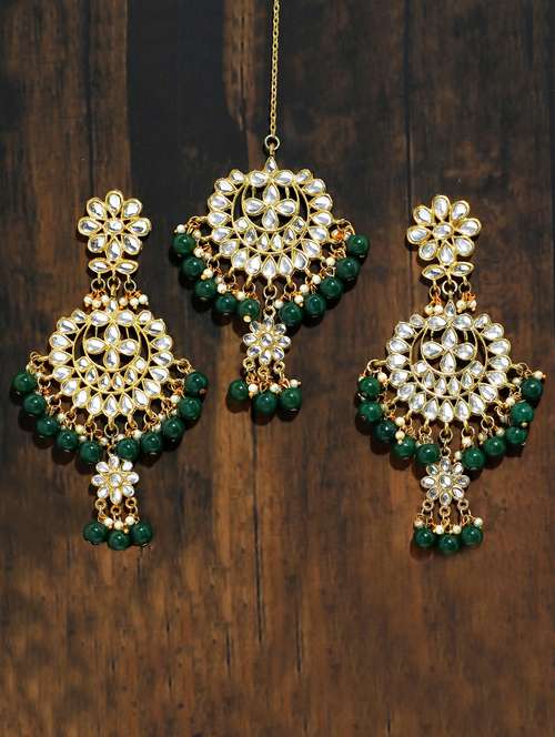 green metal earring and maang tikka set - 17562801 -  Standard Image - 0