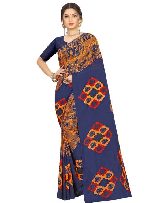 women's geometric navy blue colored saree with blouse - 17563676 -  Standard Image - 0