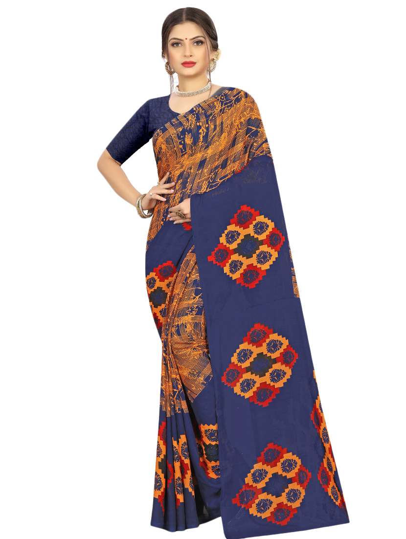 women's geometric navy blue colored saree with blouse - 17563676 -  Zoom Image - 0