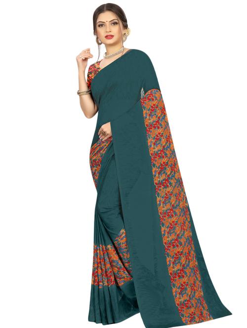 women's floral teal colored saree with blouse - 17563804 - Standard Image - 0