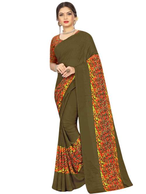 women's printed mehandi colored saree with blouse - 17563805 - Standard Image - 0