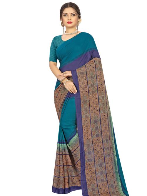 women's printed teal colored saree with blouse - 17563806 - Standard Image - 0
