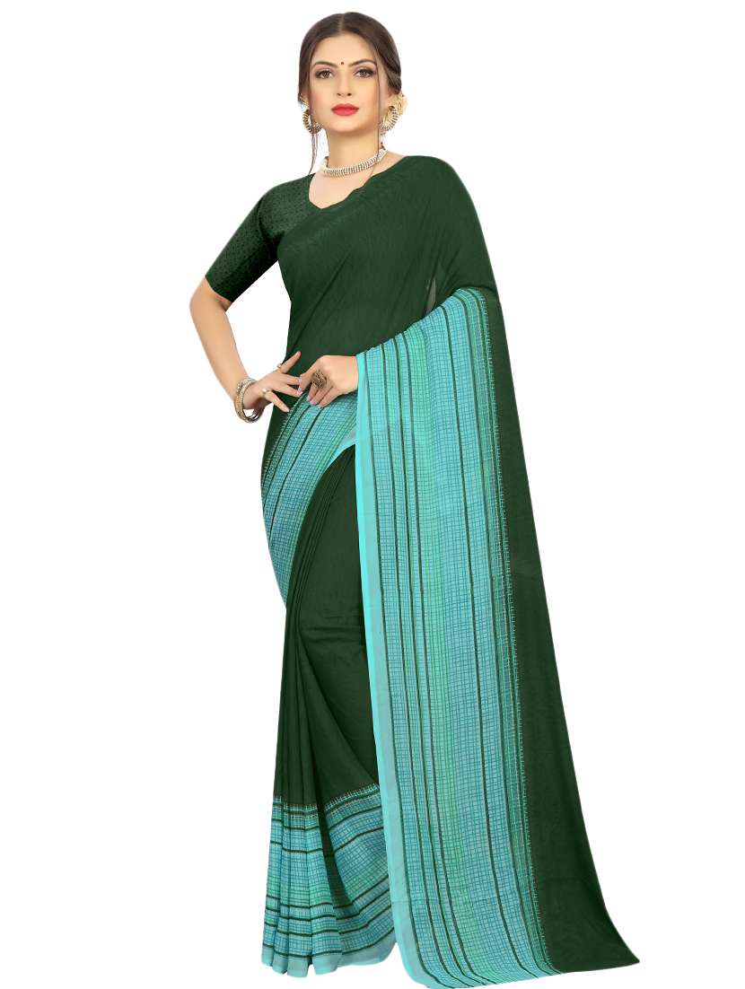 women's printed bottle green colored saree with blouse