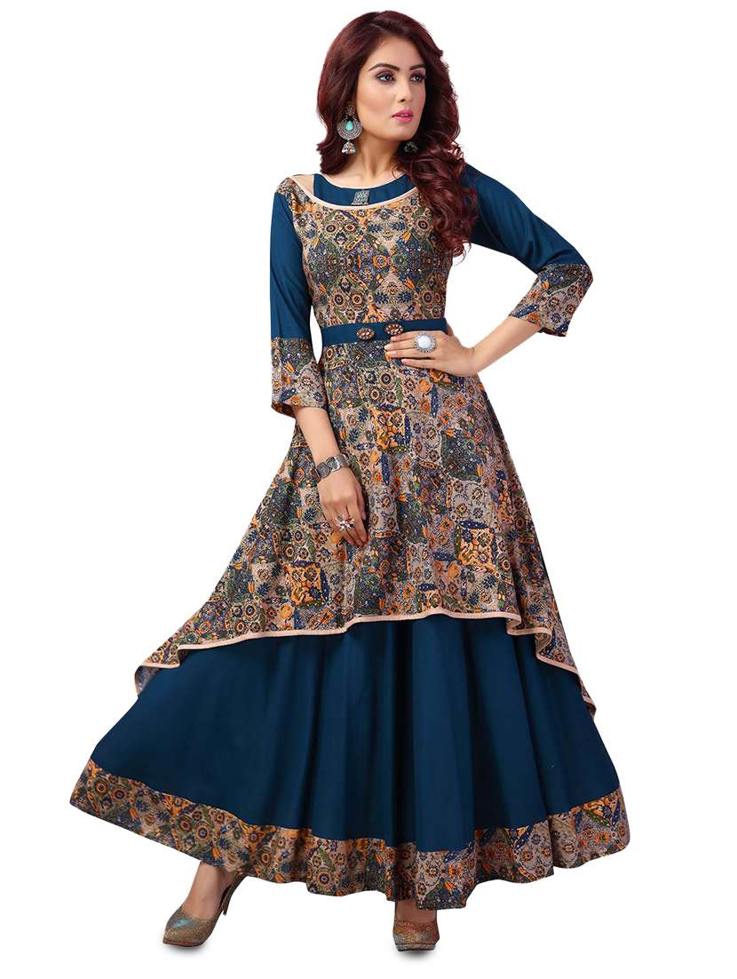 madhuram woman rayon long flared kurta (blue) 