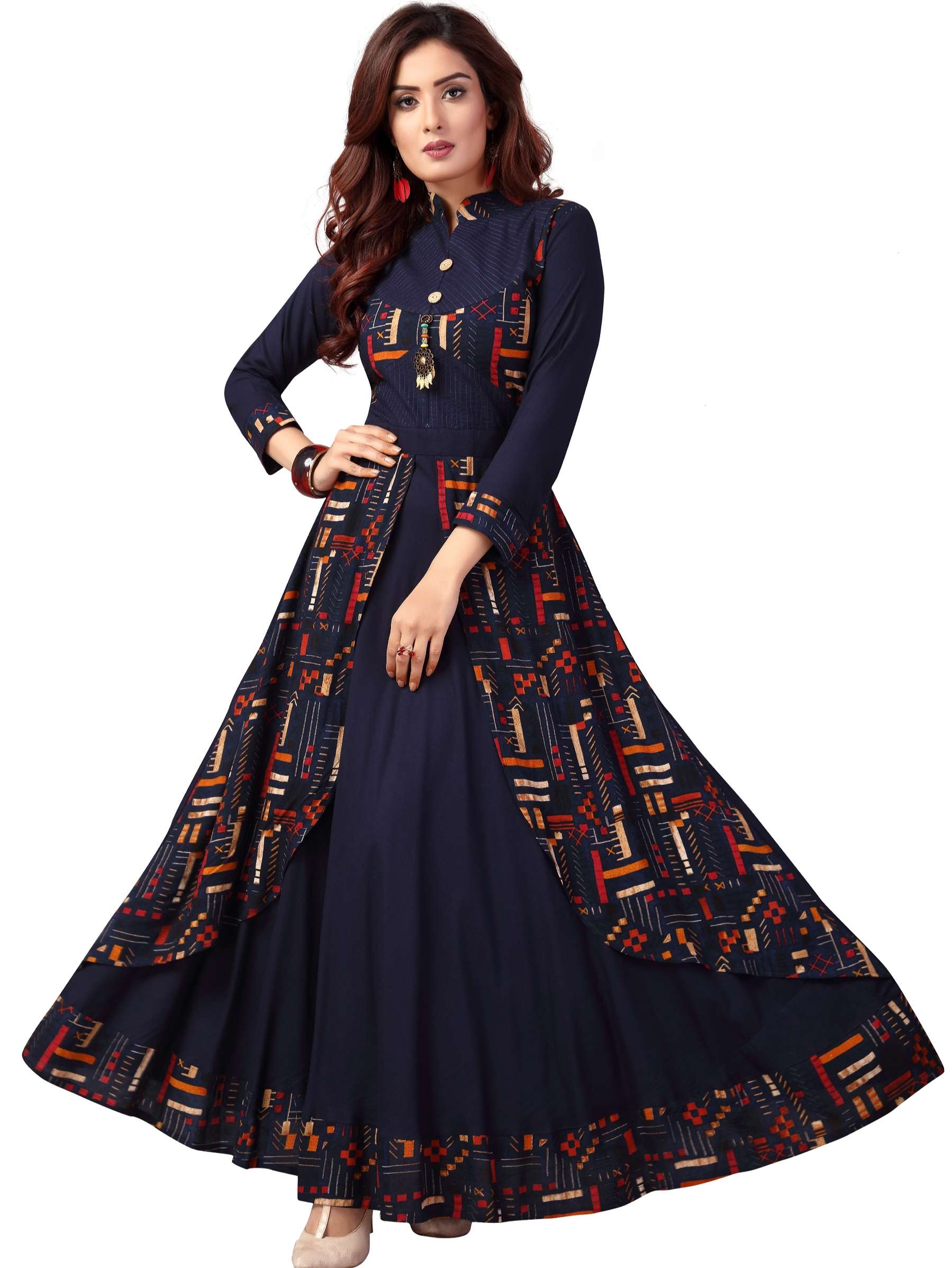 navy blue mandarin neck printed layered kurta