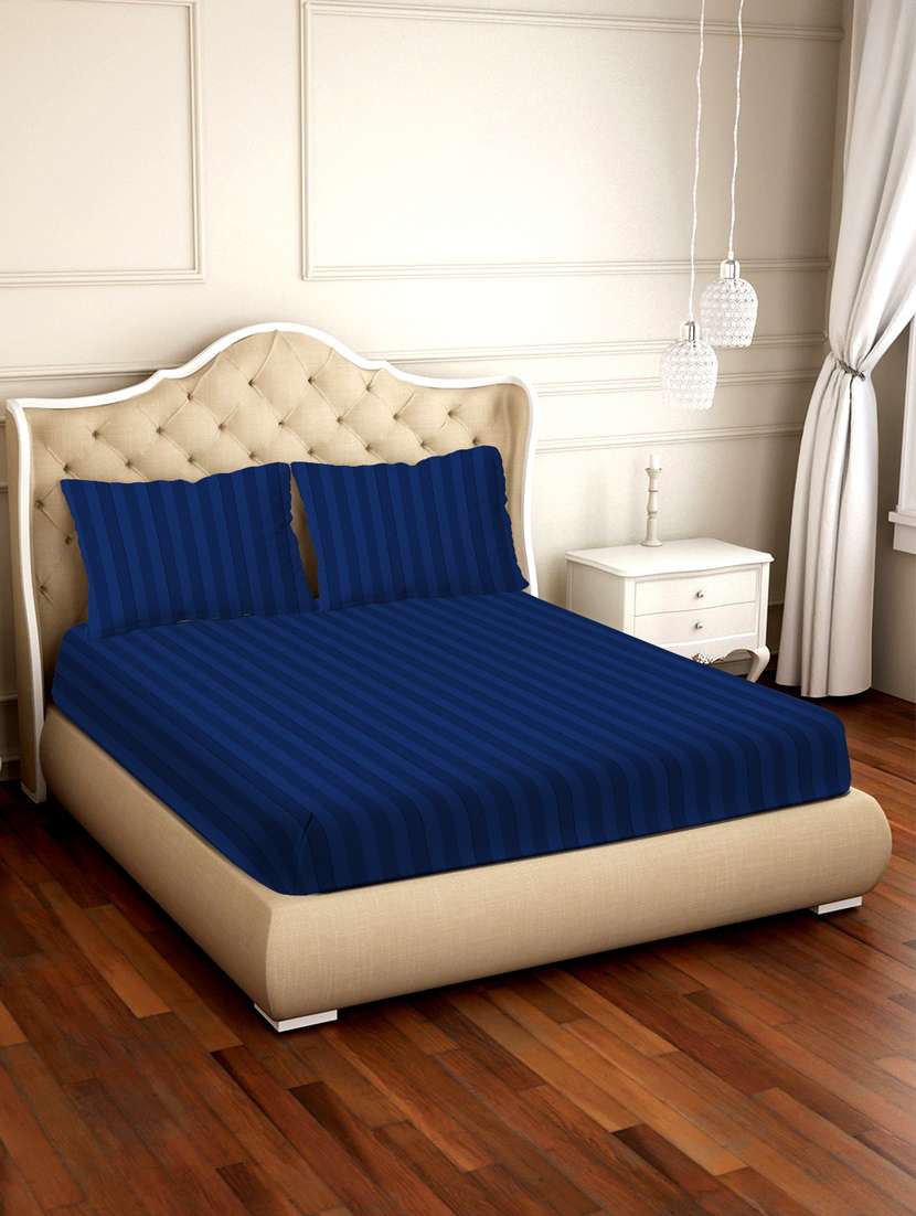 cosmo stripes double bedsheet set super king size 210 tc blue colour