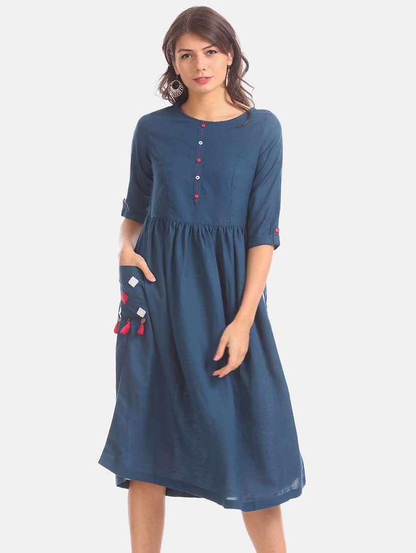 round neck gather detail a-line dress