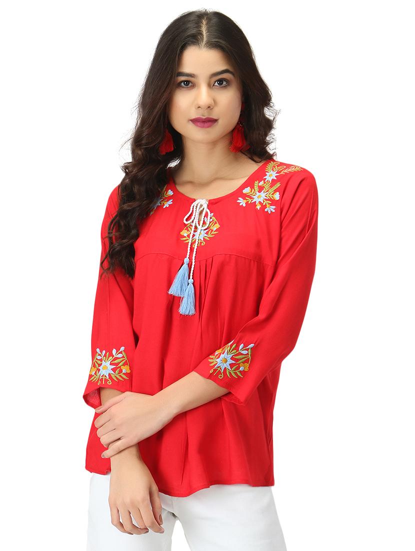 tie up neck floral embroidered top - 17582171 - Zoom Image - 0