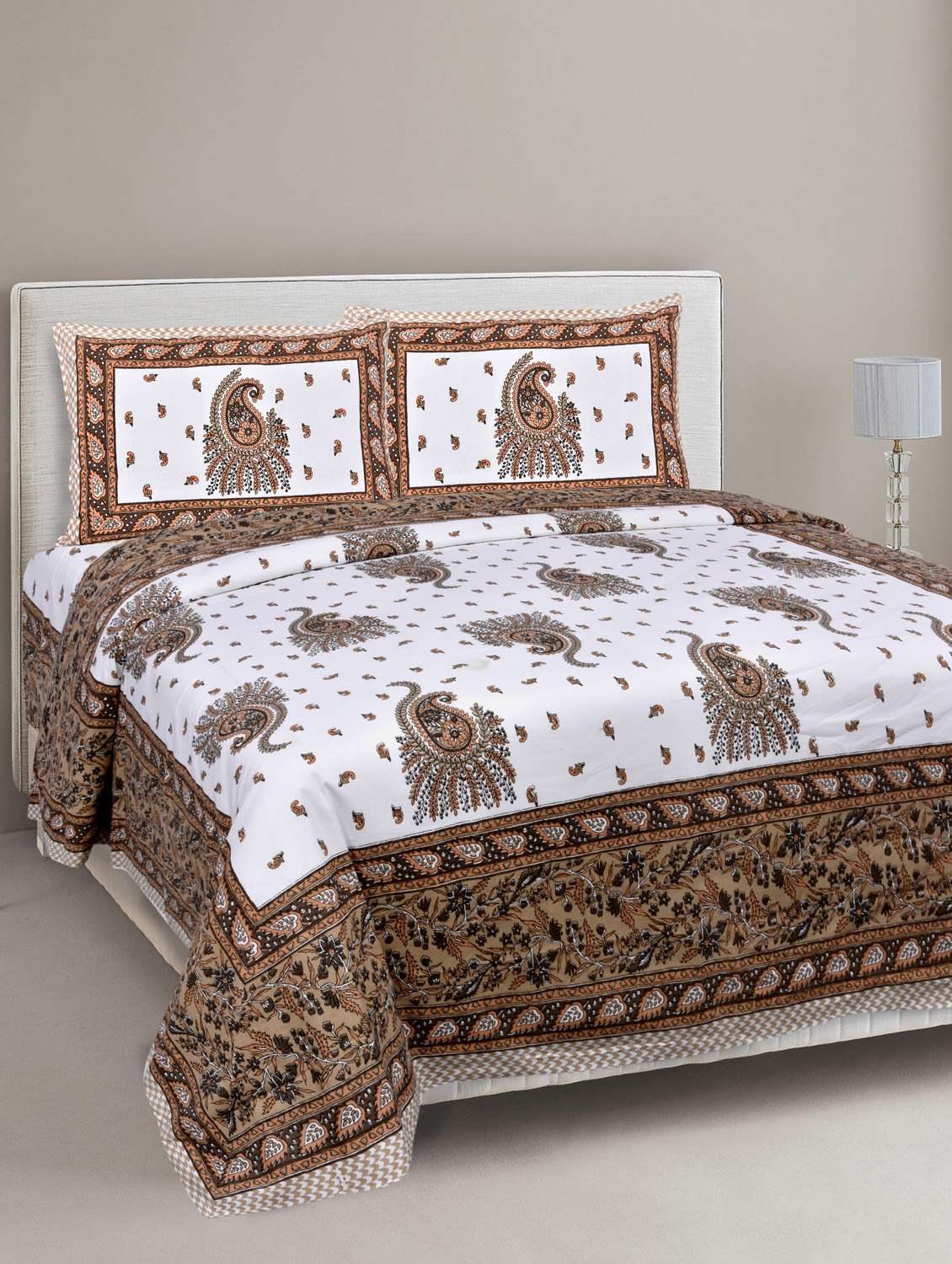 jaipurfabric cotton jaipuri double bedsheet with 2 pillow cover brown pageant paisley set king size/90x 108-inch