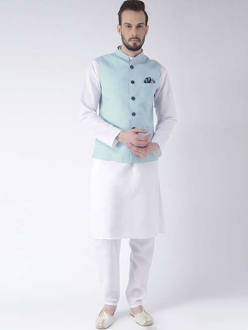 white kurta pyjama set with blue solid nehru jacket - 17585686 - Standard Image - 0