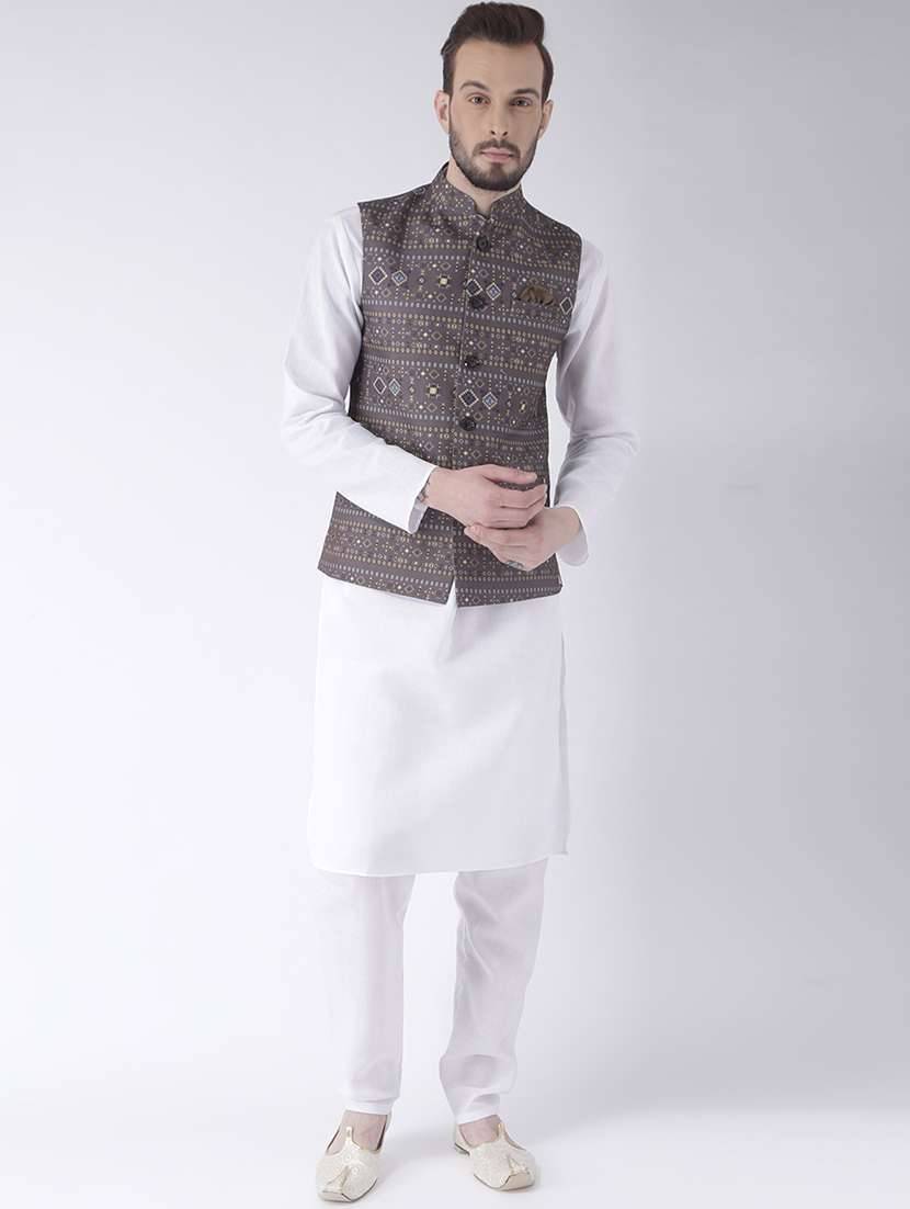 white kurta pyjama set with printed nehru jacket - 17585701 - Zoom Image - 0