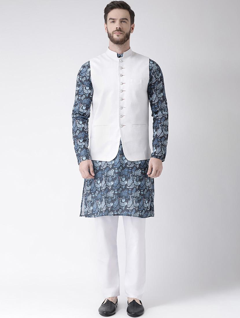 blue printed kurta pyjama set with white solid nehru jacket