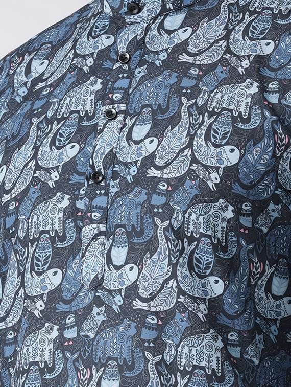 blue printed kurta pyjama set with white solid nehru jacket - 17585704 -  Standard Image - 3