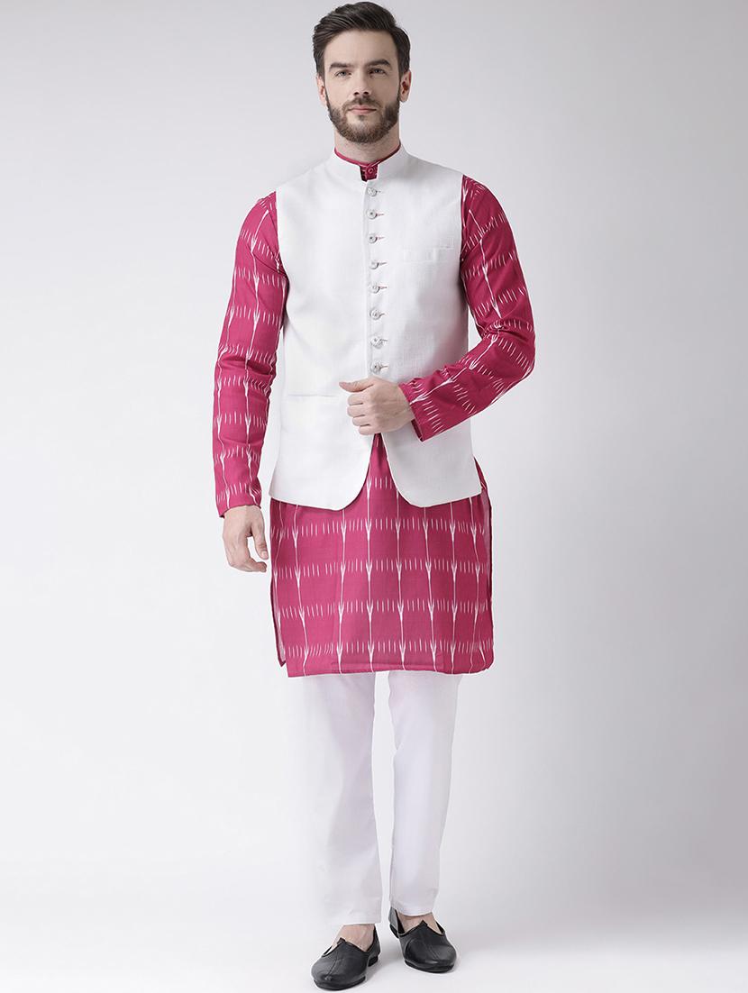 pink printed kurta pyjama set with white solid nehru jacket - 17585713 -  Zoom Image - 0
