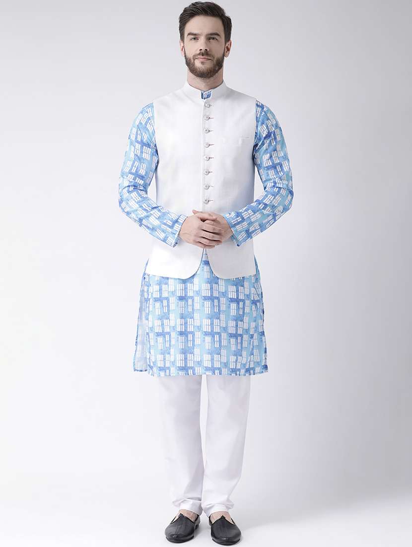 blue printed kurta pyjama set with white solid nehru jacket