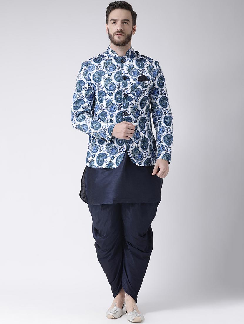 navy blue solid dhoti kurta set with printed bandhgala jacket - 17585726 -  Zoom Image - 0