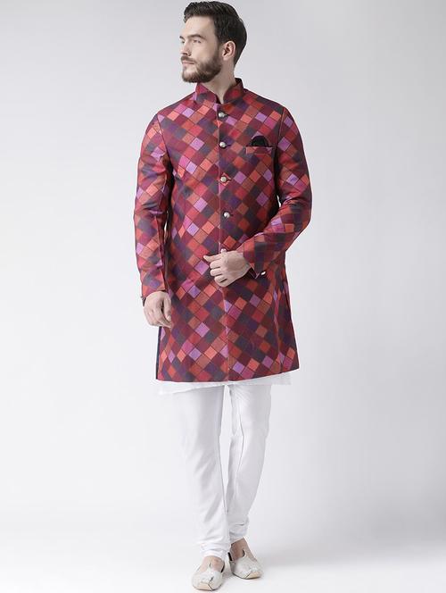 maroon checkered sherwani set - 17585737 - Standard Image - 0