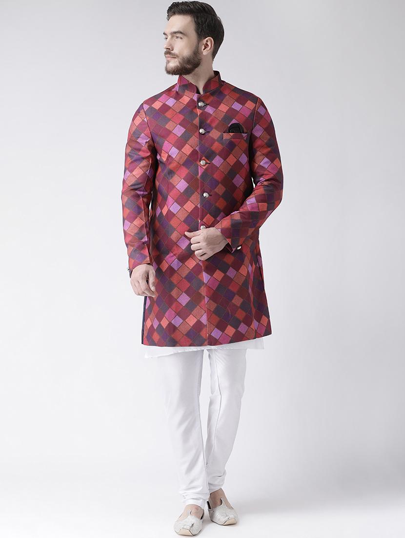 maroon checkered sherwani set - 17585737 - Zoom Image - 0