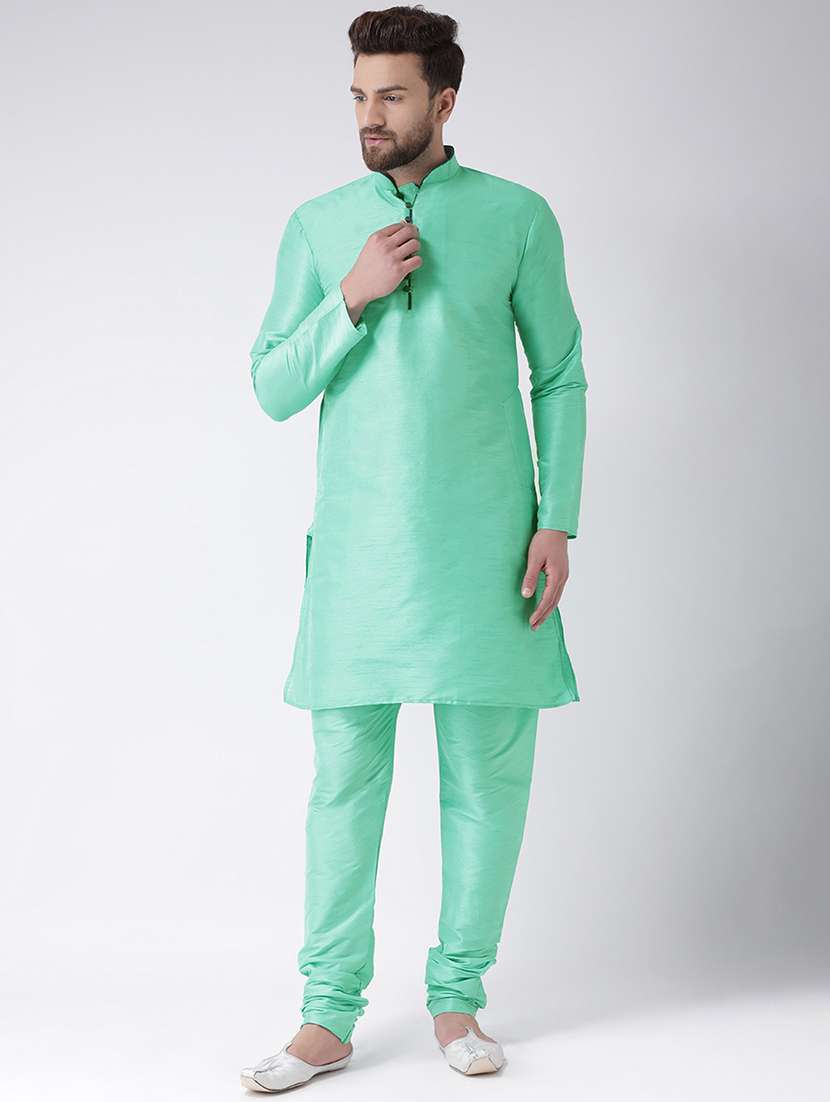green silk blend solid kurta pyjama set - 17585782 -  Zoom Image - 0