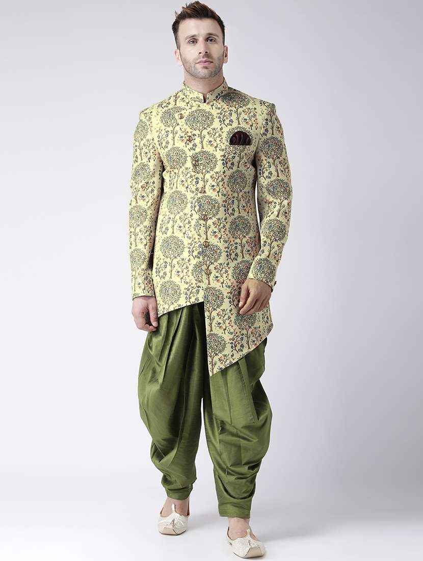 yellow floral print sherwani set