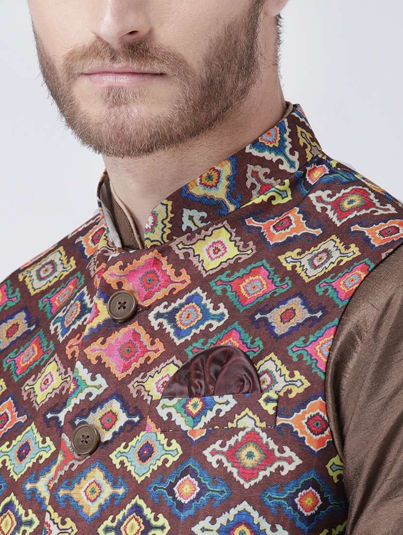 brown solid kurta pyjama set with printed nehru jacket - 17585928 - Standard Image - 3