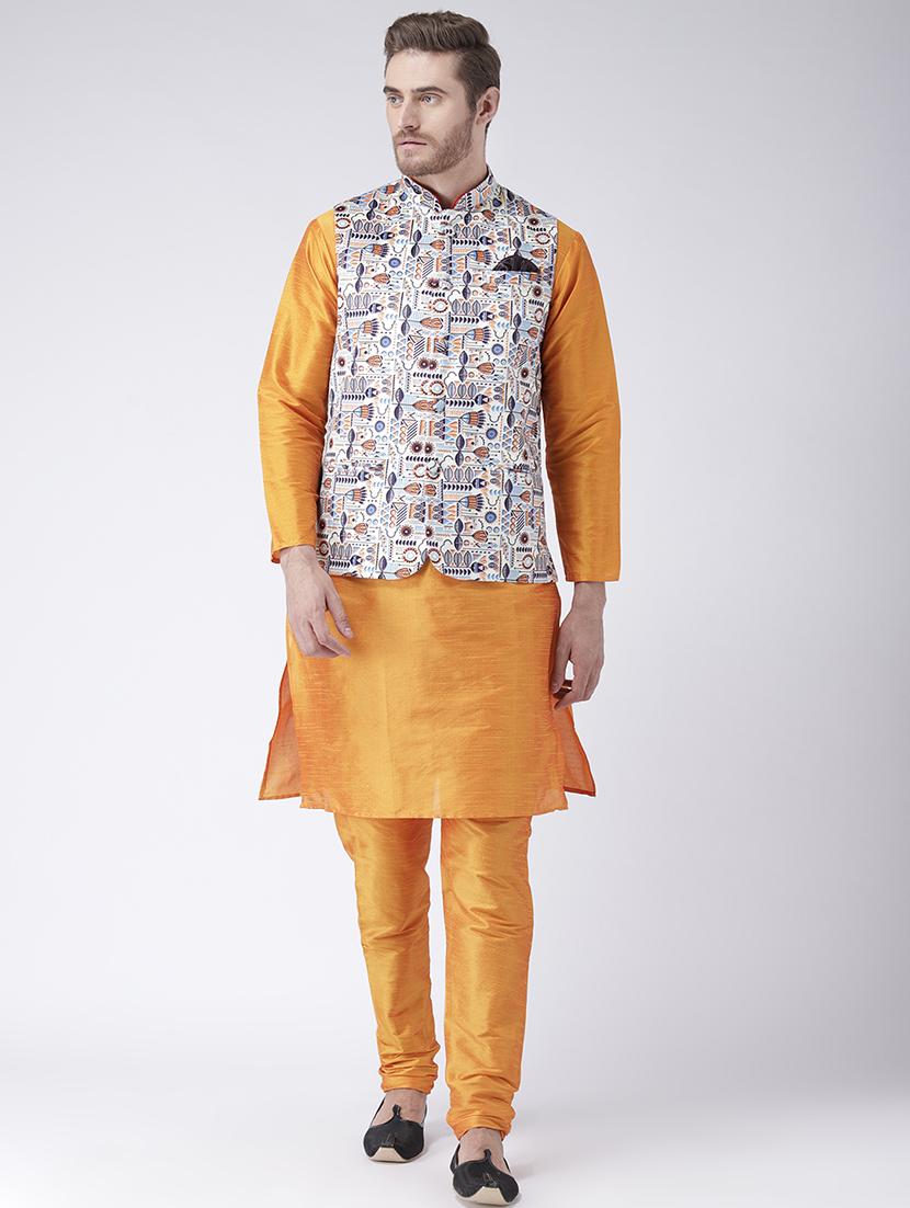 yellow solid kurta pyjama set with printed nehru jacket - 17585931 - Zoom Image - 0