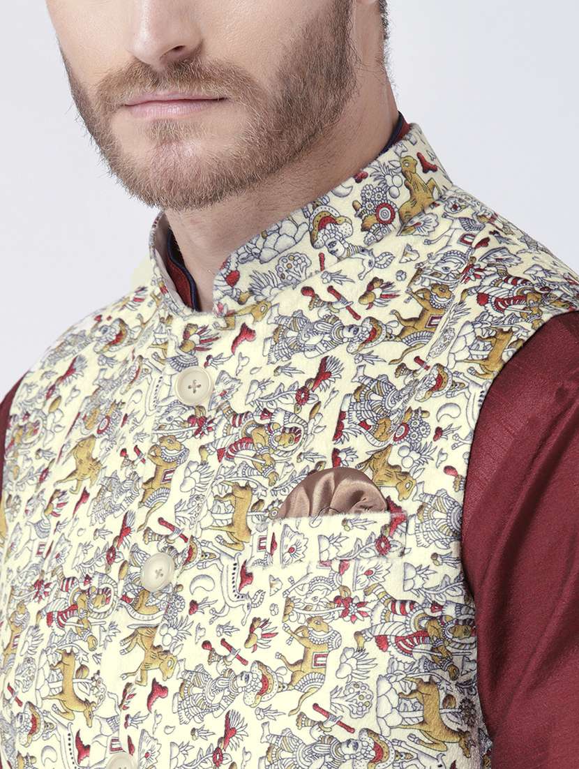 maroon solid kurta pyjama set with yellow printed nehru jacket - 17585934 - Standard Image - 3