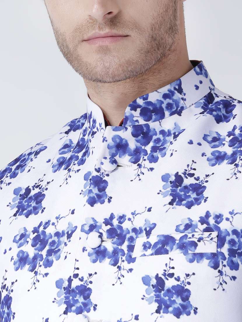 navy blue solid kurta pyjama set with printed nehru jacket - 17585948 - Standard Image - 3