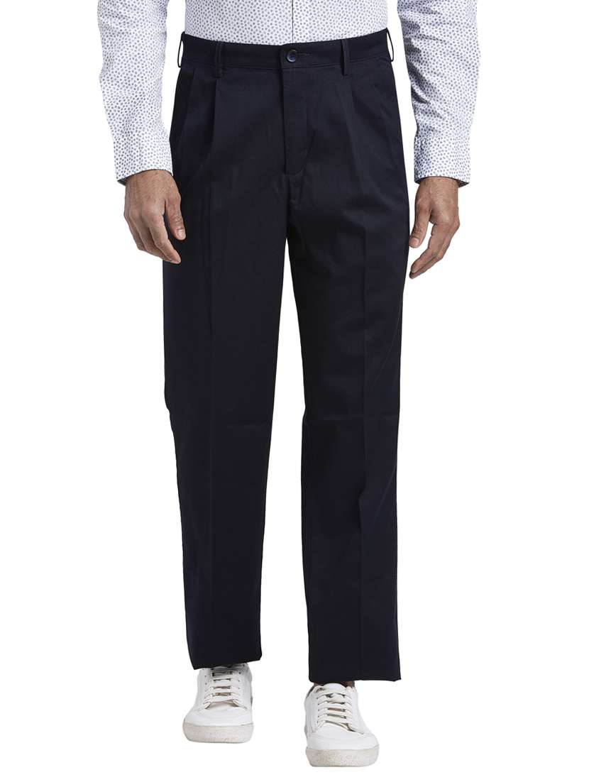 navy blue solid pleated casual trouser - 17592269 -  Zoom Image - 0