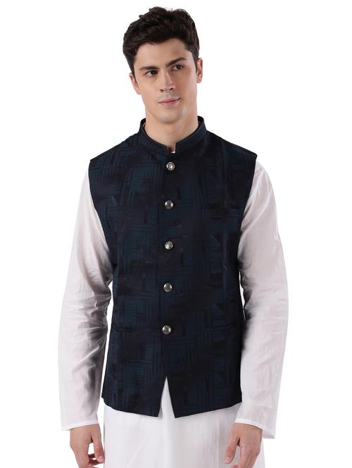 navy blue self design nehru jacket - 17592333 - Standard Image - 0