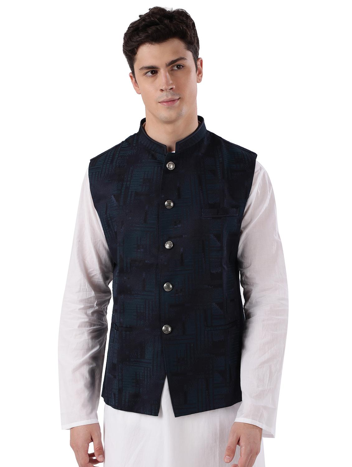 navy blue self design nehru jacket - 17592333 - Zoom Image - 0