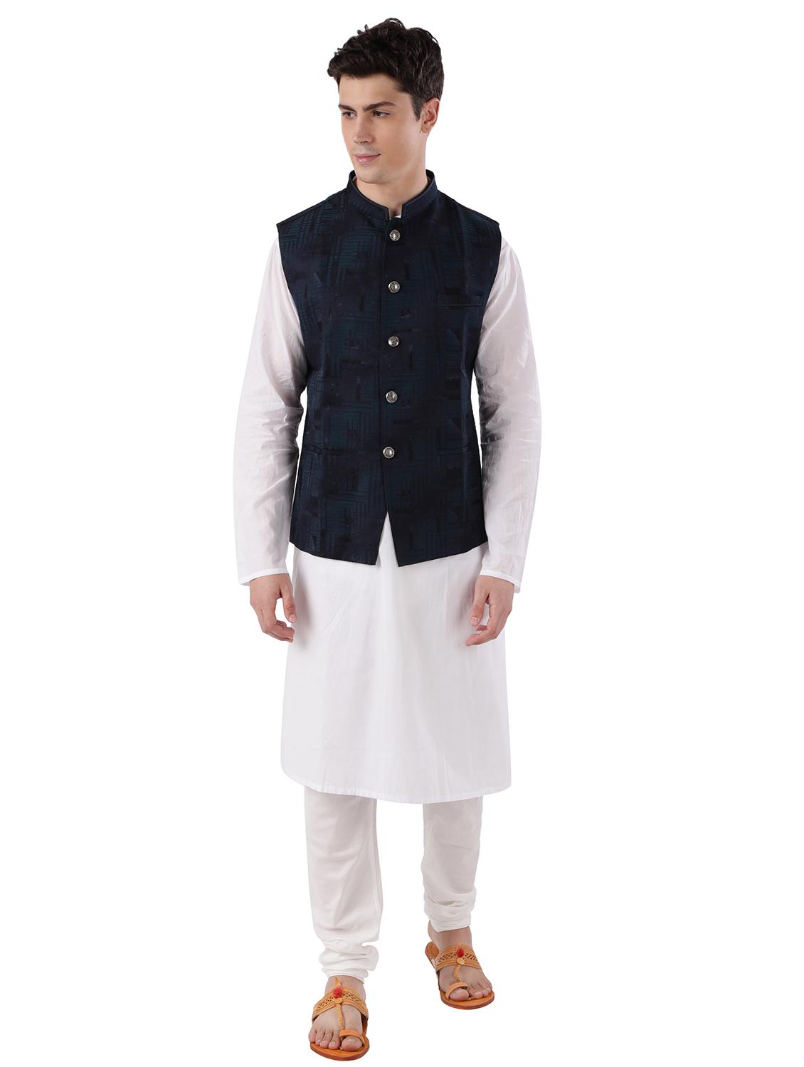 navy blue self design nehru jacket - 17592333 - Standard Image - 3