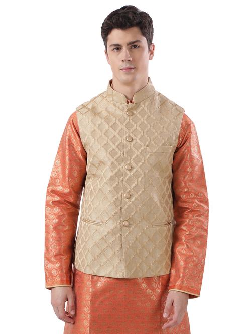 beige jacuard nehru jacket - 17592348 -  Standard Image - 0