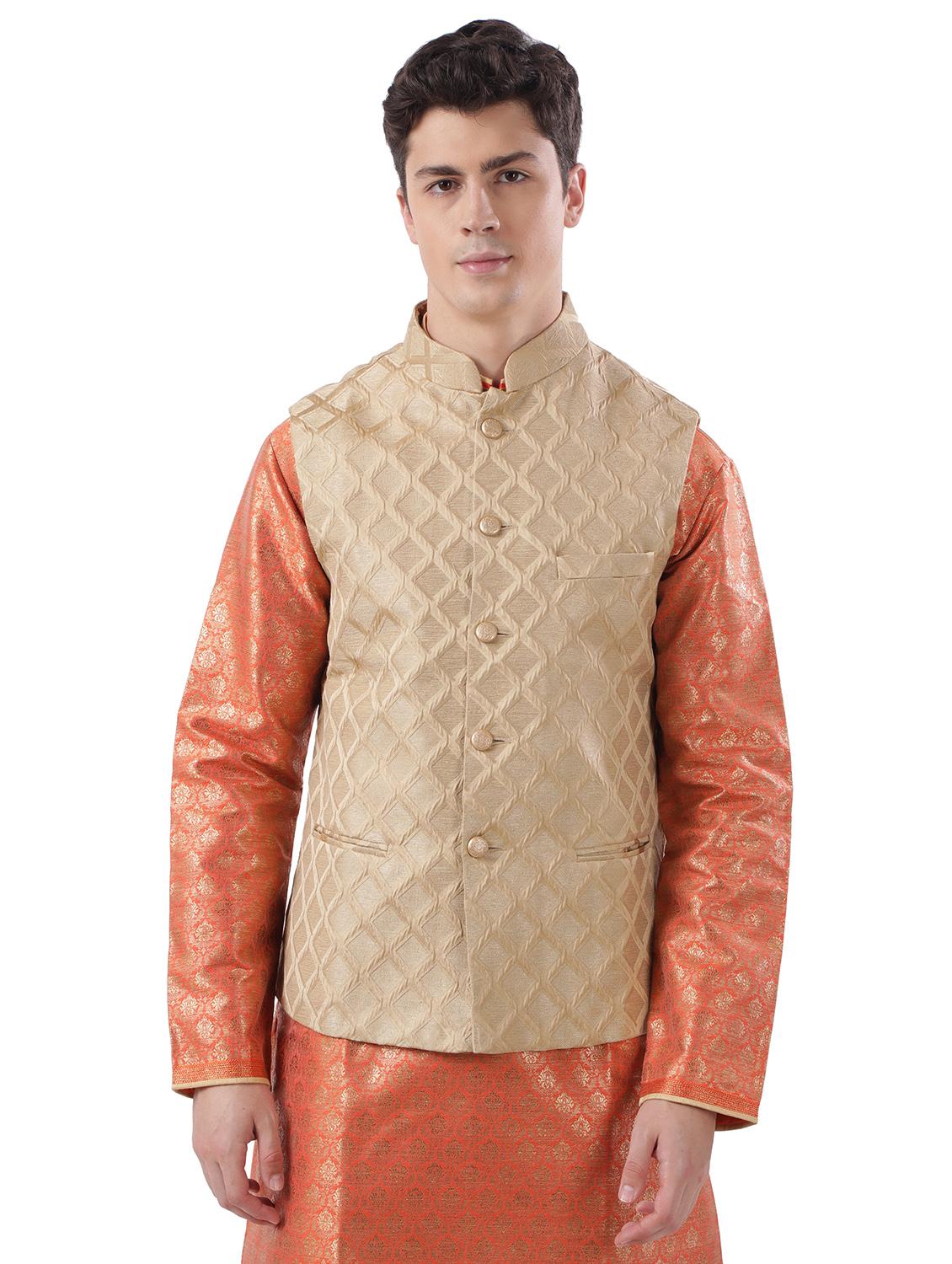 beige jacuard nehru jacket - 17592348 -  Zoom Image - 0