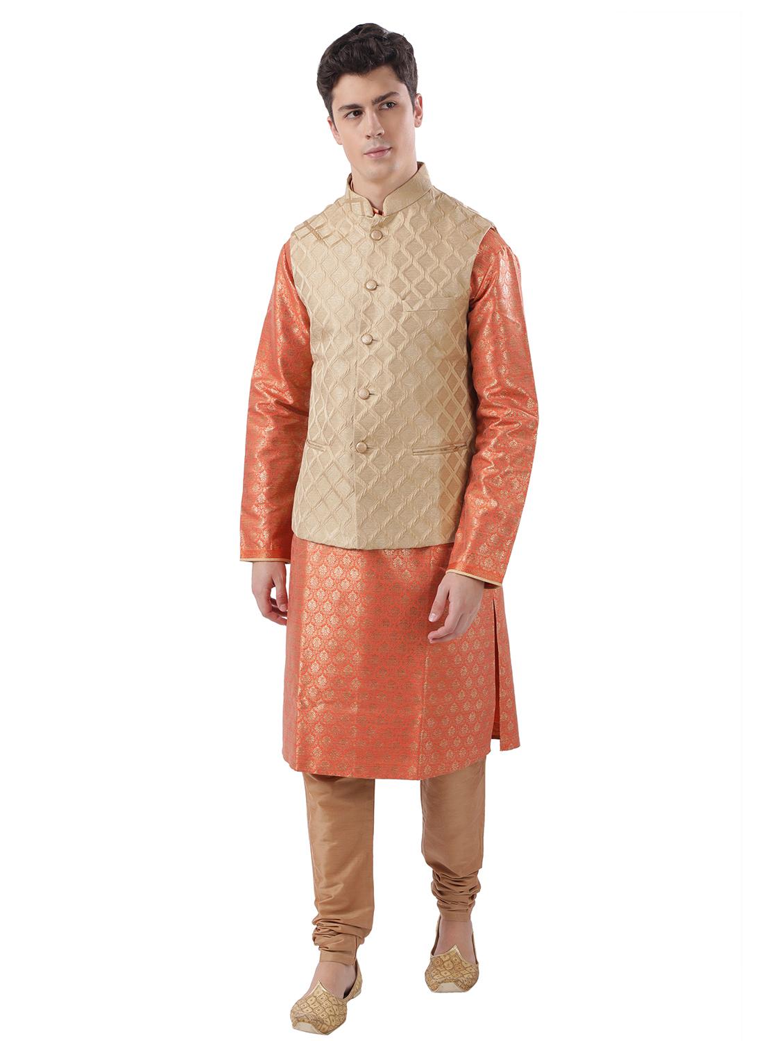 beige jacuard nehru jacket - 17592348 - Standard Image - 3