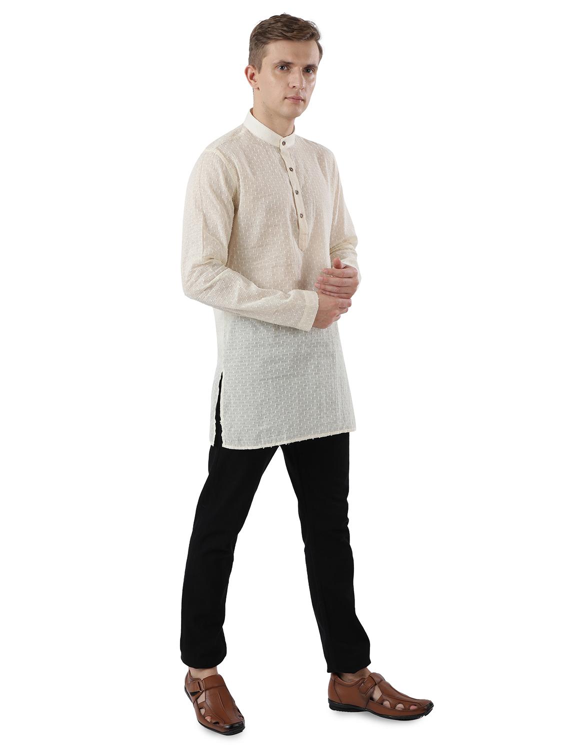 cream solid jacquard kurta - 17592375 - Standard Image - 3