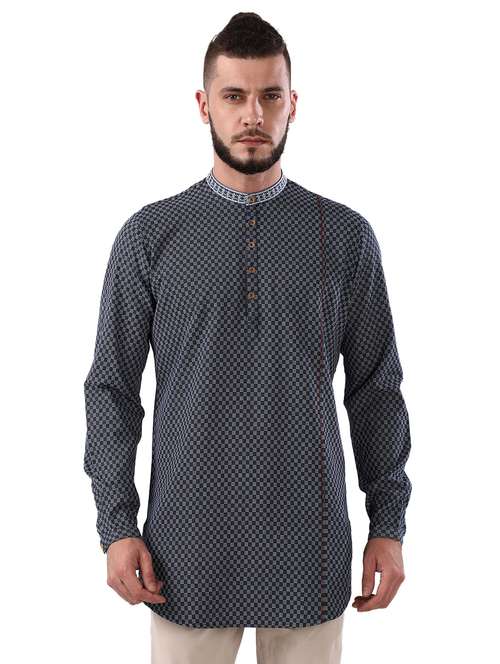 navy blue jacquard short kurta - 17592385 -  Standard Image - 0