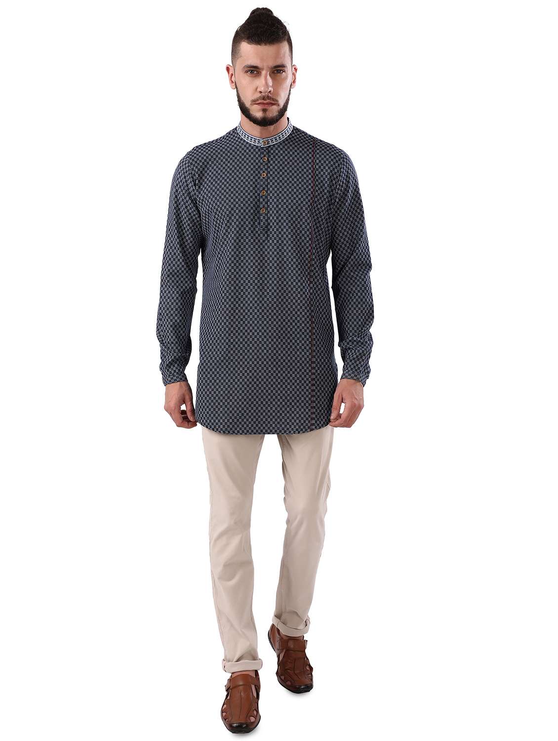 navy blue jacquard short kurta - 17592385 - Standard Image - 3