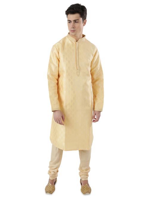 cream jacquard long kurta with embroidered neckline - 17592435 - Standard Image - 0