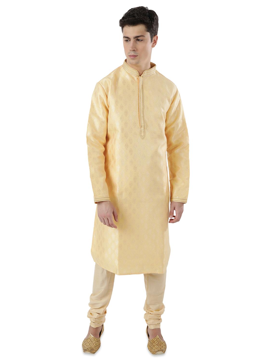 cream jacquard long kurta with embroidered neckline - 17592435 - Zoom Image - 0