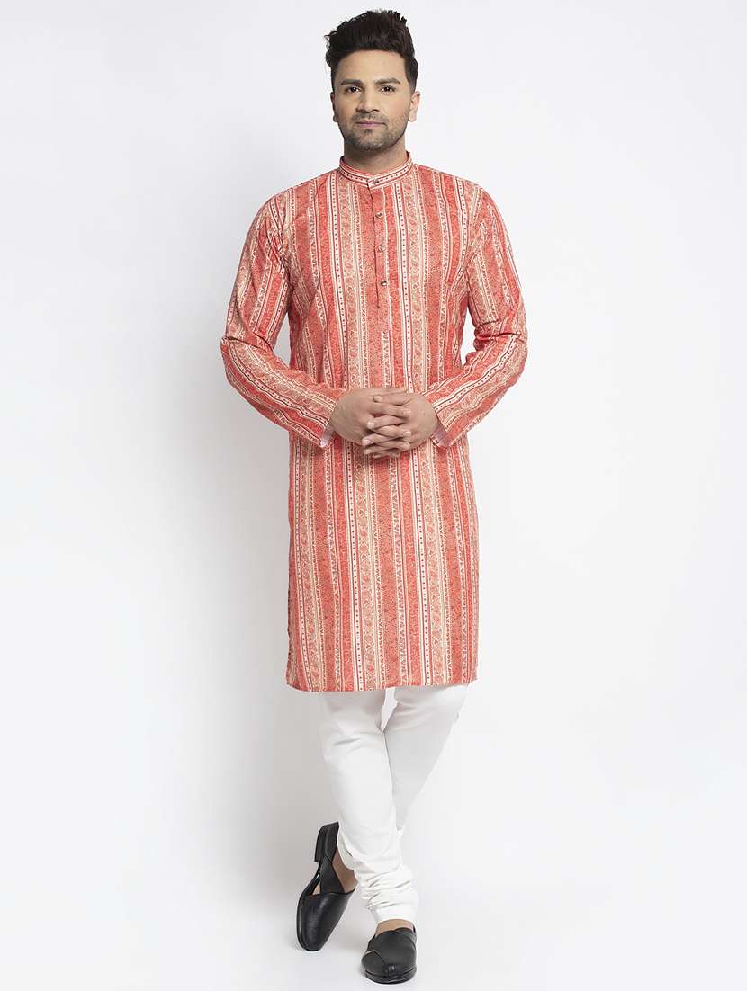 orange printed kurta pajama ethnic set