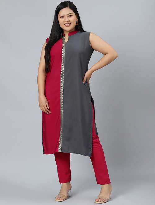 women magenta color block kurta pant set - 17594635 - Standard Image - 0