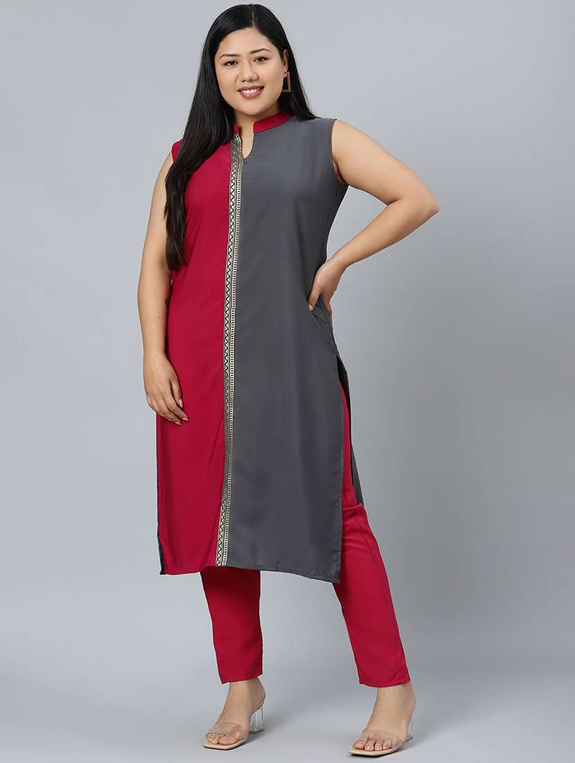 women magenta color block kurta pant set - 17594635 - Zoom Image - 0
